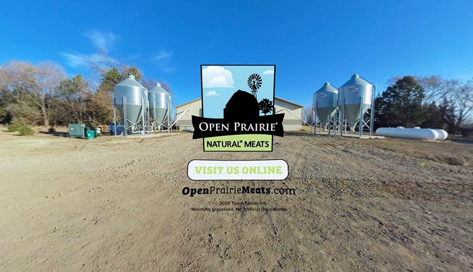 Open Prairie Natural Meats logo over laid on the view of a farm